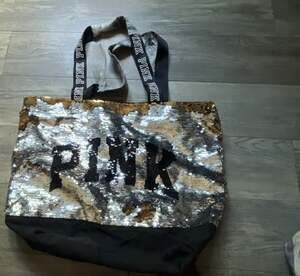 Victoria's Secret PINK Sequin Tote Bag Silver Gold Black